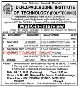 Dr. N. J. Paulbudhe Institute Recruitment 2017