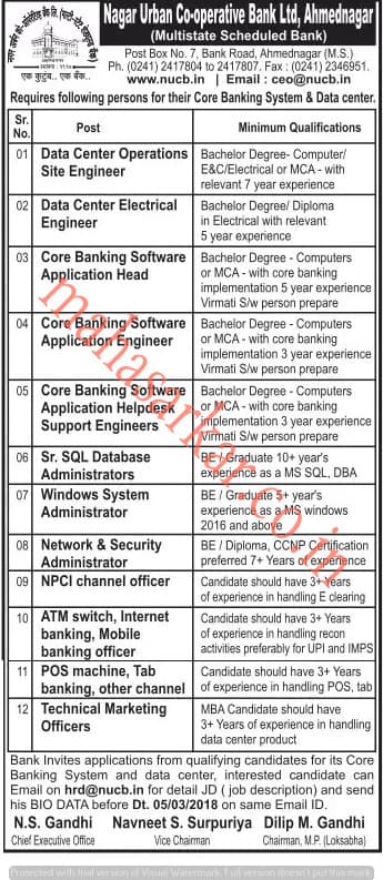 Nagar Urban Bank Ahmednagar Recruitment 2018