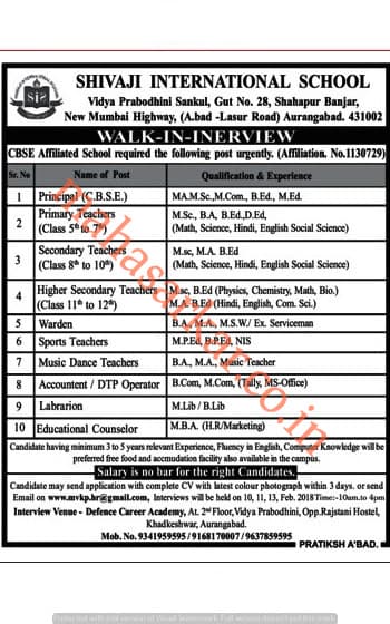 Shivaji International School Recruitment 2018