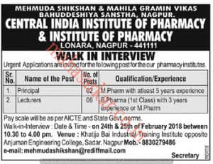 Central India Pharmacy Institute Recruitment 2018