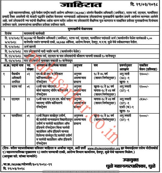 Dhule Managar Palika Recruitment 2018