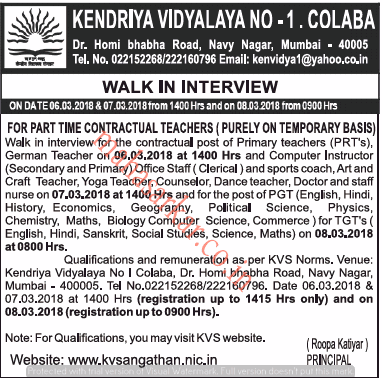 Kendriya Vidyalaya Colaba Recruitment 2018