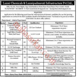 Laxmi Chemicals & Laxmipadmavati Infrastructure Recruitment 2018