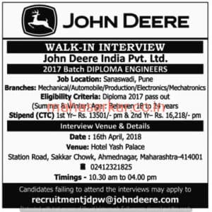 MAHA John Deere Recruitment 2018