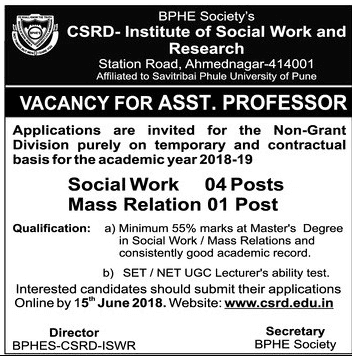 CSRD-Institute Ahmednagar Recruitment 2018