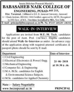 Babasaheb Naik College, Pusad Recruitment 2018