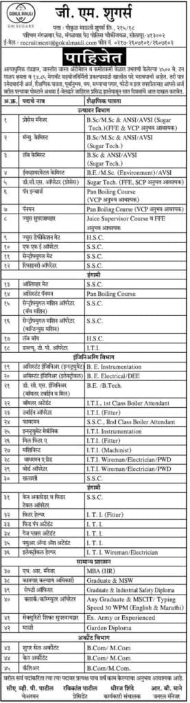 GM Sugars Solapur Recruitment 2018