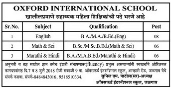Oxford International School Jalgaon Recruitment 2018