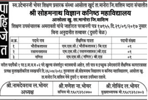 Shri Sohamnath Junior College Washim Recruitment 2018