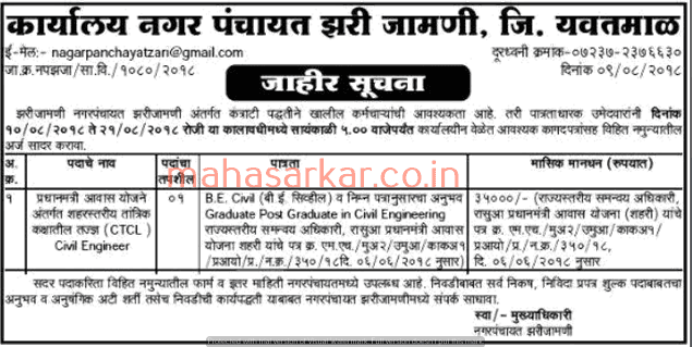 Zari-Jamni Nagarpanchayat Yavatmal Recruitment 2018