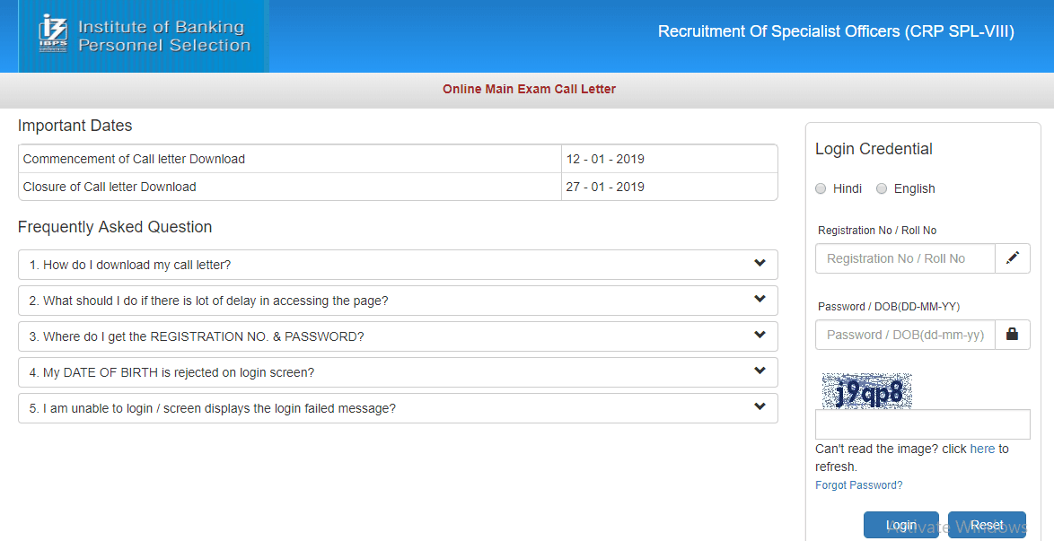 IBPS Specialist Officer (SO) Main Exam 2018 Admit Cards or Hall Tickets