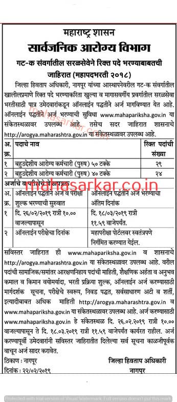 नागपूर जिल्हाच हिवताप अधिकारी कार्यालयातील मध्ये 53 जागांसाठी भरती २०१९