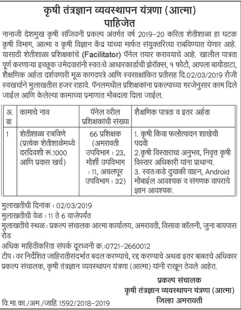 कृषी संजीवनी प्रकल्प अमरावती मध्ये 66 जागांसाठी भरती २०१९