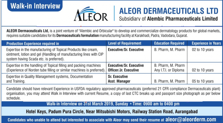 Aleor Dermaceuticals Aurangabad Recruitment 2019