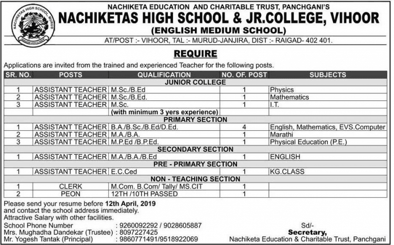 Nachiketas High School & Jr College Raigad Recruitment 2019