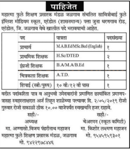 महात्मा फुले शिक्षण प्रसारक मंडळ जळगाव मध्ये 12 जागांसाठी भरती २०२०