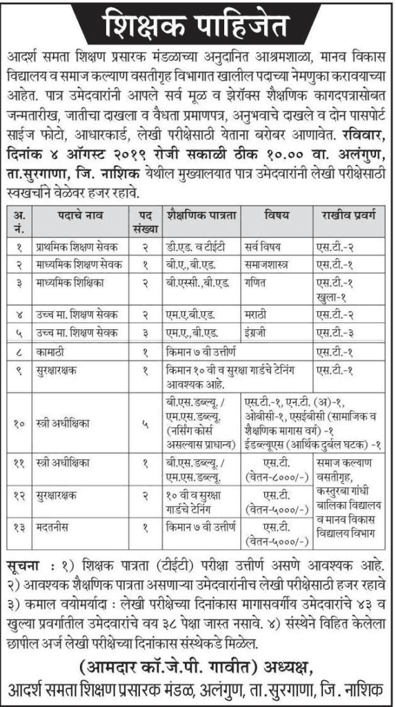 आदर्श समता शिक्षण प्रसारक मंडळ नाशिक मध्ये 25 जागांसाठी भरती २०१९