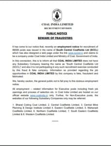 SCCL Recruitment 2019 of 88585 posts is Fake | Coal India Official www.coalindia.in