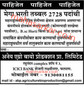 एनी एग्रो बायो प्रोडक्शन, सातारा मध्ये 2728 जागांसाठी मेगा भरती २०१९