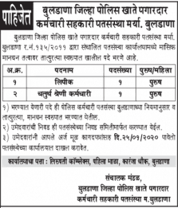 बुलढाणा जिल्हा पोलिस खाते पगारदार कर्मचारी सहकारी पतसंस्था भरती २०२०