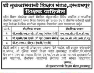 श्री तुळजाभवानी शिक्षण मंडळ इस्लामपूर भरती २०२४.