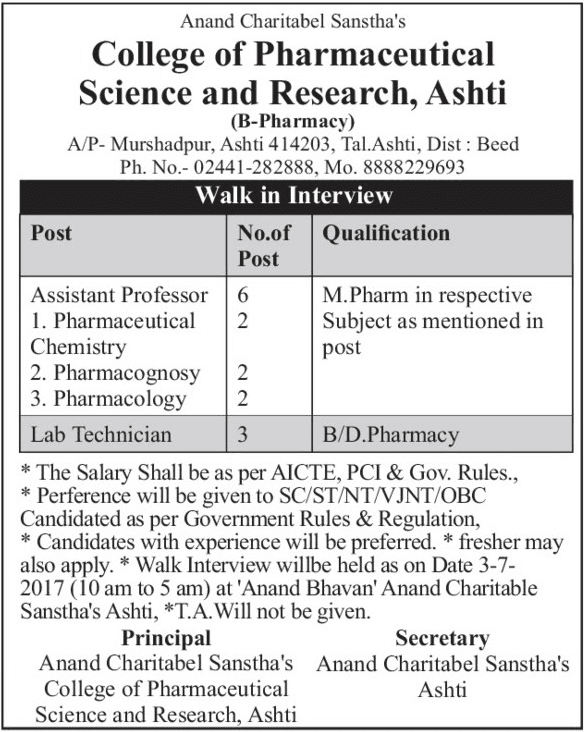 College of Pharmaceutical Science and Research Recruitment 2017