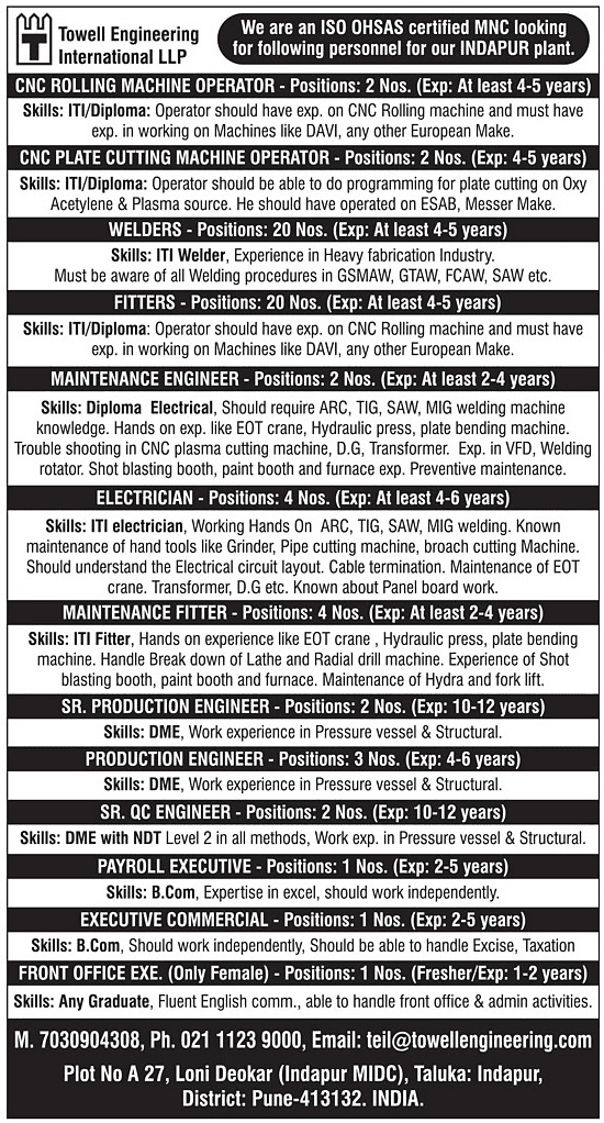 Towell Engineering CNC Rolling Machine Operator – Maintenance Engineer & More Recruitment 2017