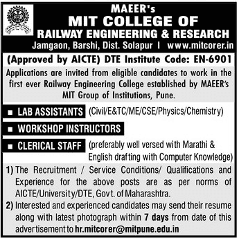 MIT College of Railway Engineering & Research Recruitment 2017