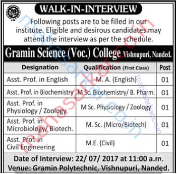 Granin Science College Assistant Professor Recruitment 2017