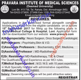 Pravara institute Recruitment 2017