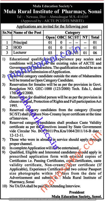 Mula Education Society Faculty Recruitment 2017