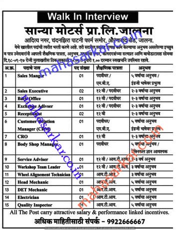 Sanya Motors Jalna Recruitment 2017