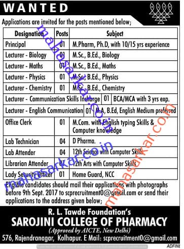 Sarojini Pharmacy Recruitment 2017