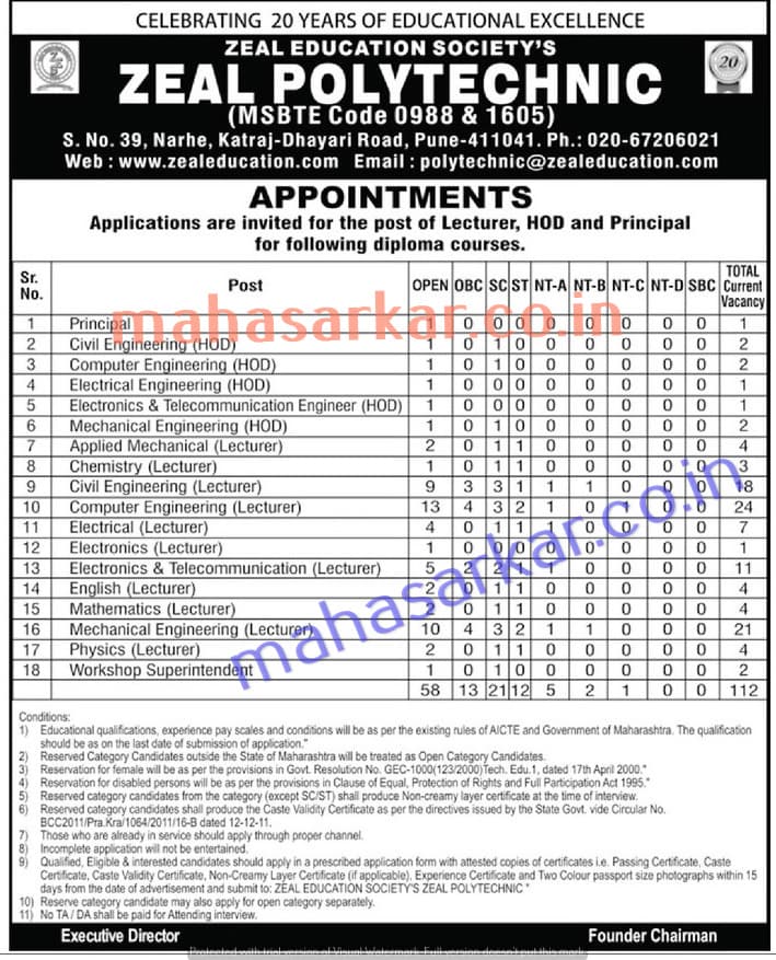 Pune Zeal Education HOD & More Recruitment 2017 – 112 Posts