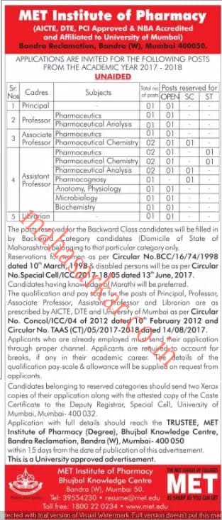 Mumbai Educational Trust Faculty Recruitment 2018