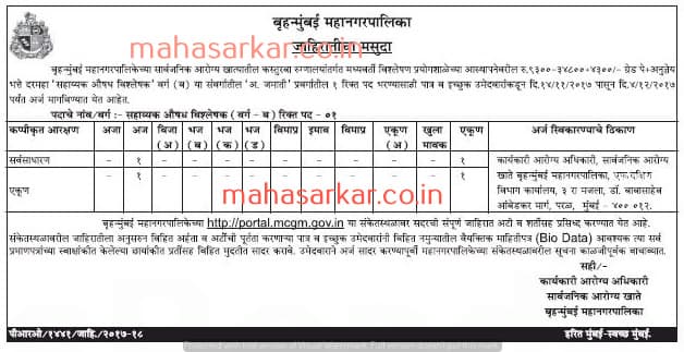 MCGM Assistant Medicine Analyst Recruitment 2017