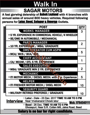 Sagar Motors Recruitment 2017