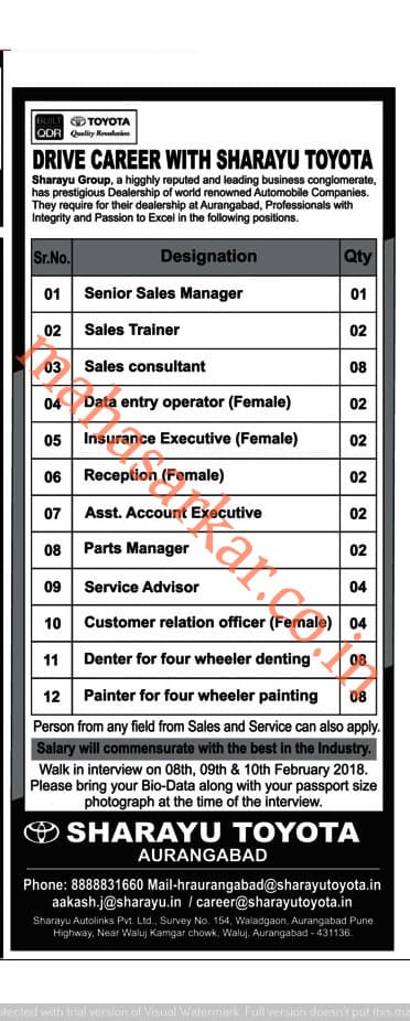 Sharayu Toyota Recruitment 2018