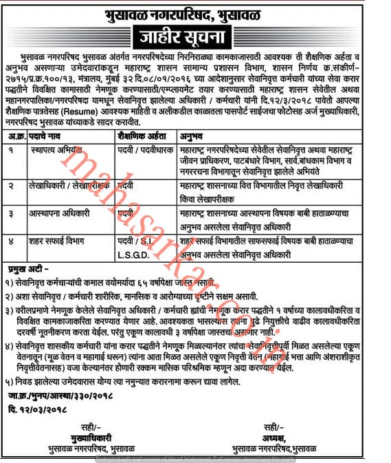 Bhusawal City Council Recruitment 2018