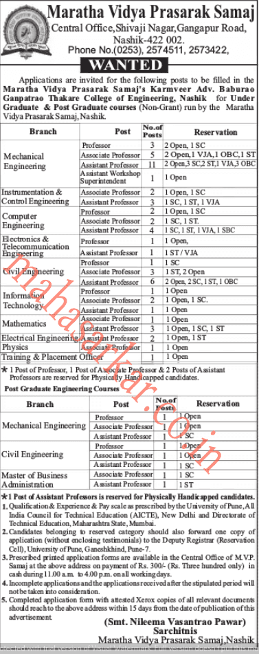 M.V.P. Samaj Nashik Recruitment 2018