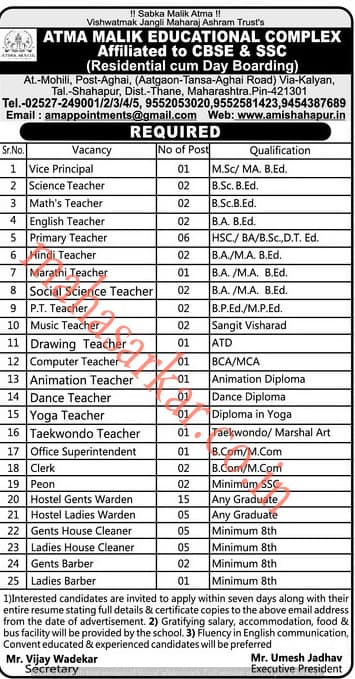 Atma Malik Education Thane Recruitment 2018 #67 Posts