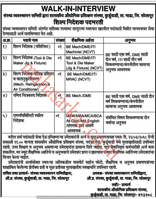 Govt. ITI Kurduvadi Recruitment 2018