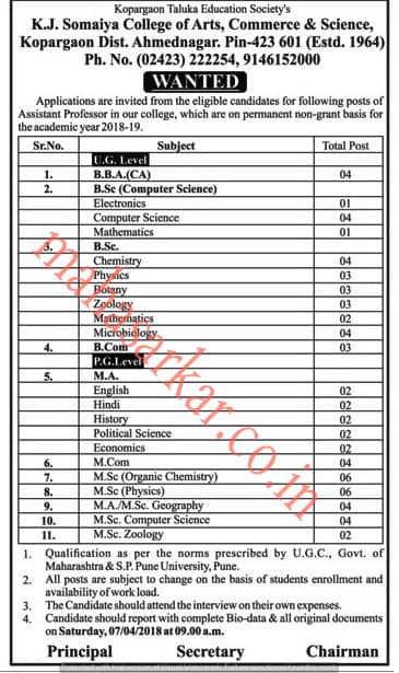 Kopargaon Education Society Recruitment 2018
