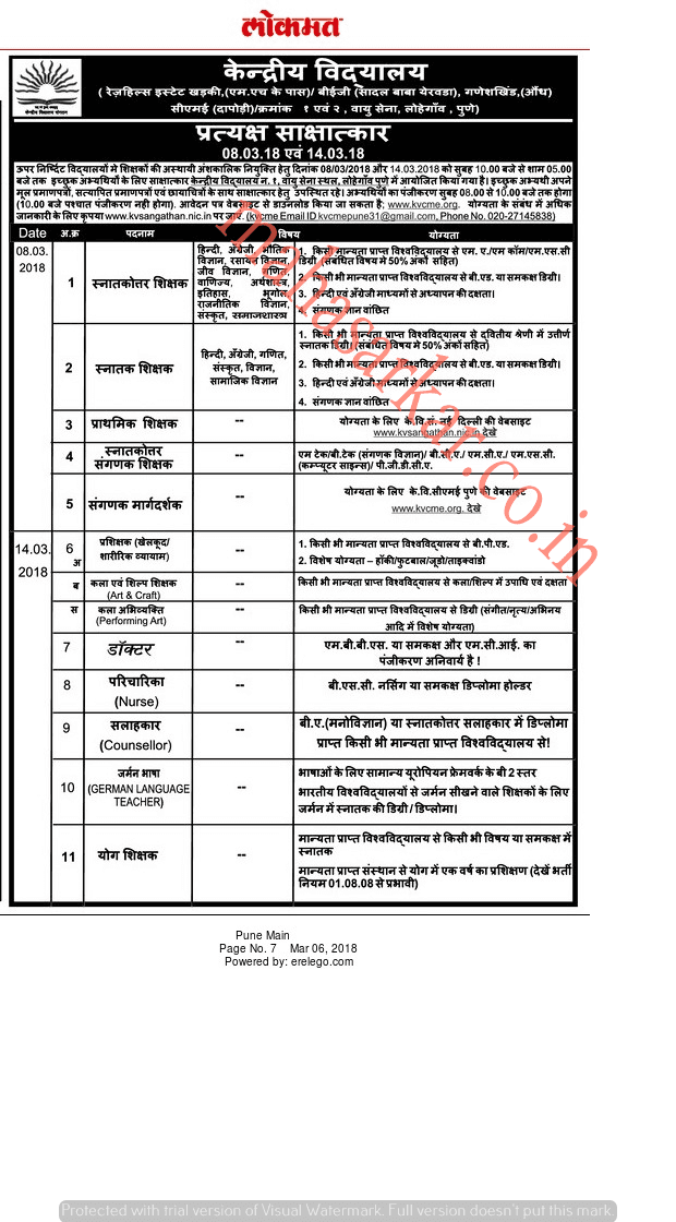 Kendriya Vidyalaya Lohegaon Recruitment 2018