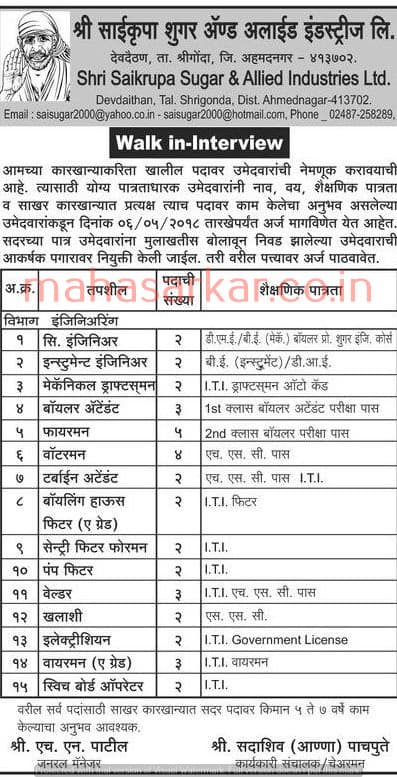 Shree Saikrupa Sugar Recruitment 2018