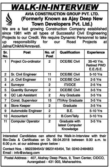 AVIA Construction Group Aurangabad Recruitment 2018