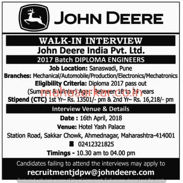 MAHA John Deere Recruitment 2018