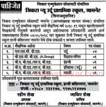 Zikra New Urdu Primary School Recruitment 2018