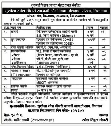 Sushila Ramesh Chaudhari ITI Recruitment 2018