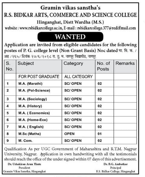 R.S. Bidkar Arts, Commerce and Science College Recruitment 2018